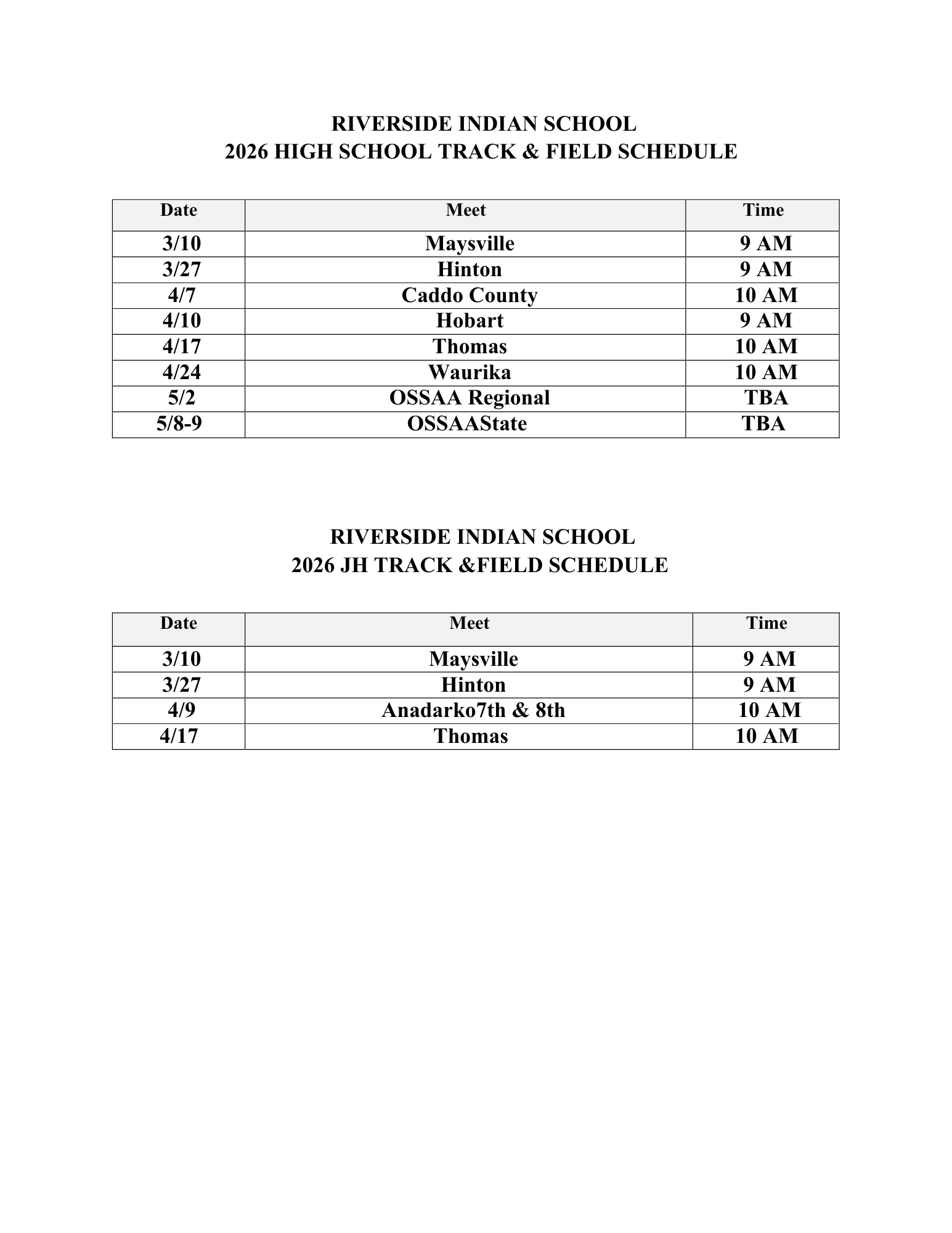 2026 Track and Field Schedule