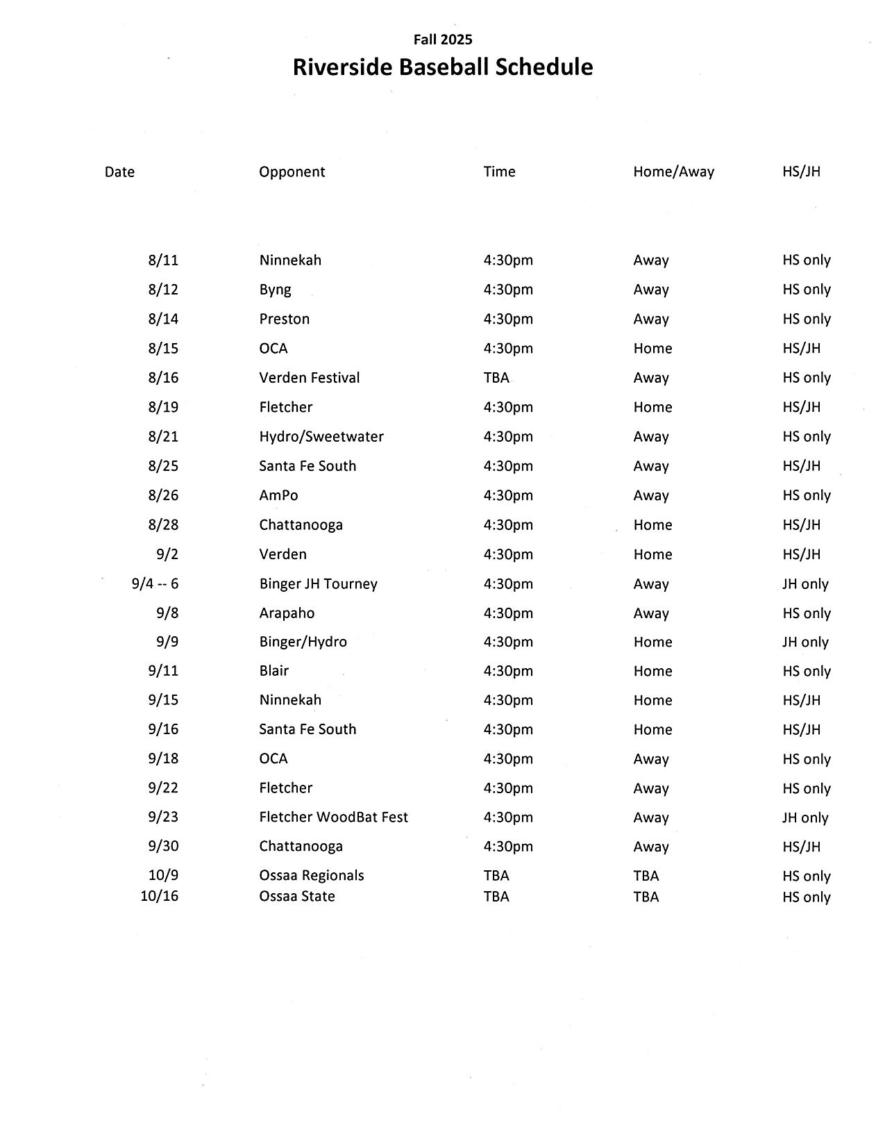 High School and Junior High Fall 2025 Baseball Schedule 