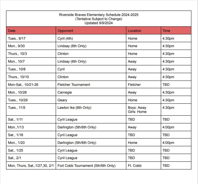 Elementary Basketball 2024-2025 Schedule
