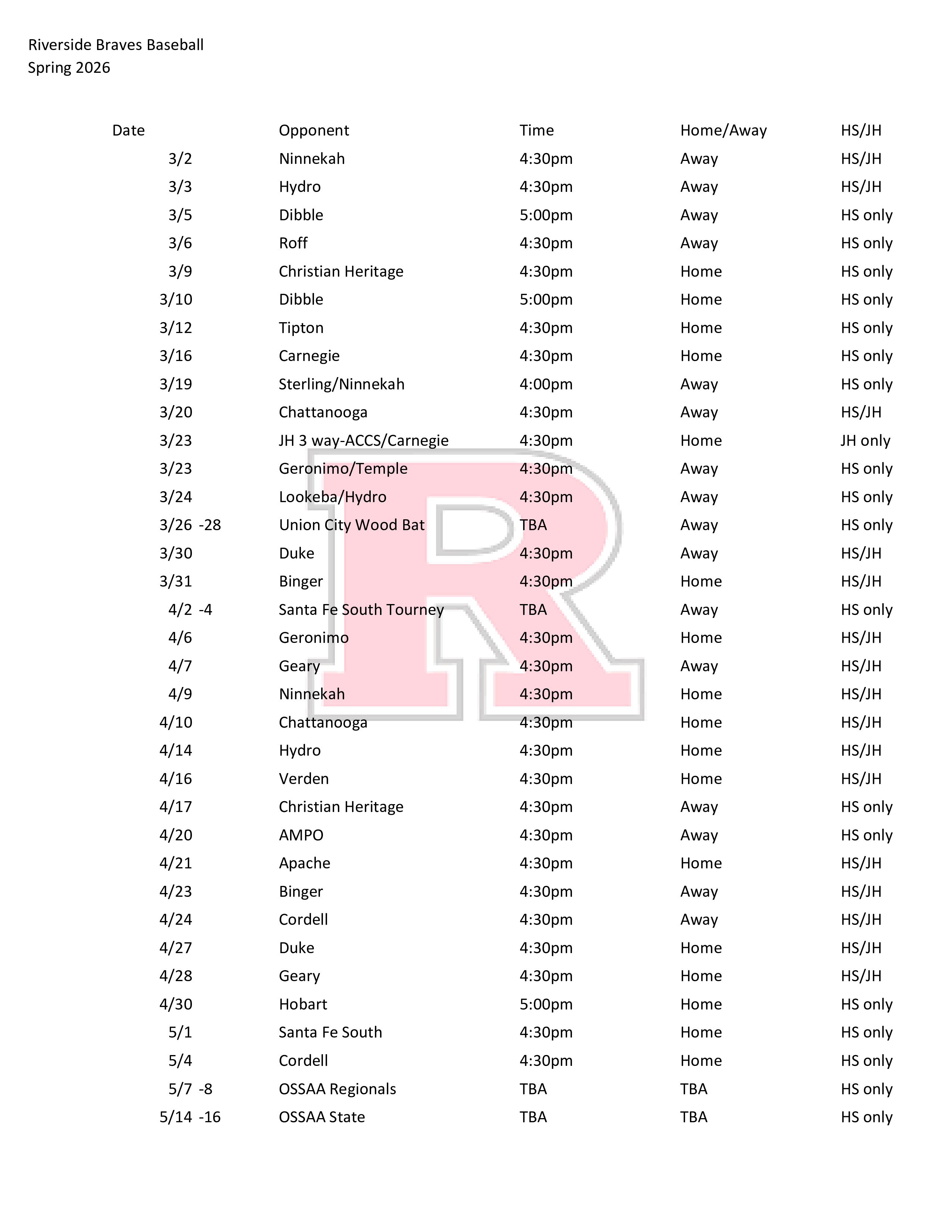 Spring 2026 Baseball Schedule