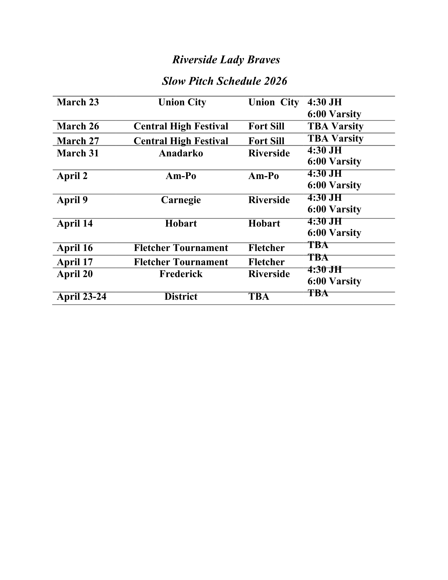Spring 2026 Slowpitch Schedule
