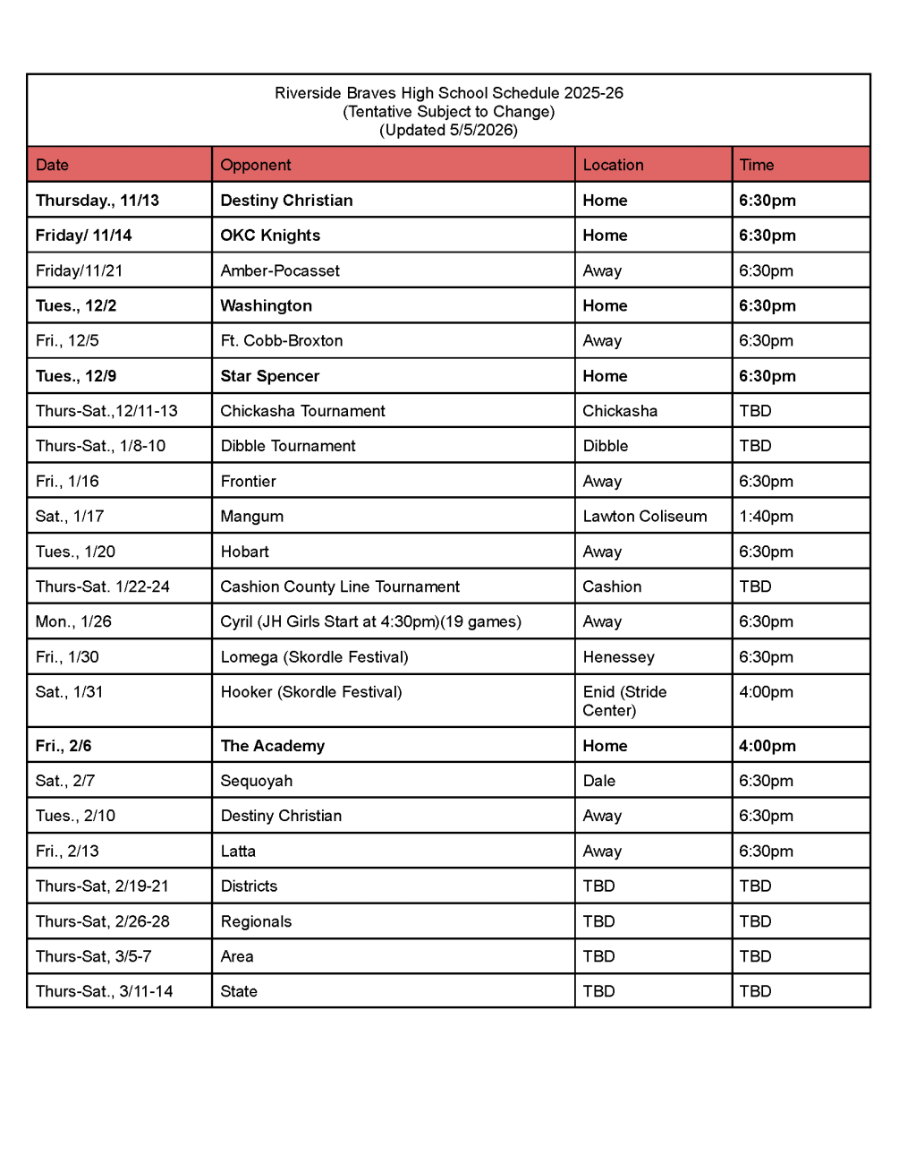 Riverside High School Basketball Schedule 2025-2026