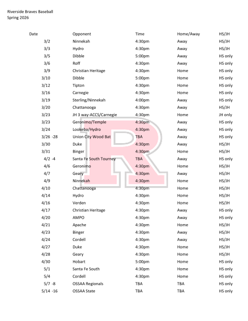 Spring 2026 Baseball Schedule